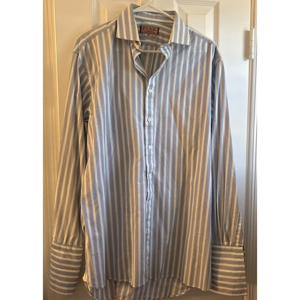 Thomas Pink Mens 16.5/35 Striped Dress Shirt Blue White Cotton Made in The Uk